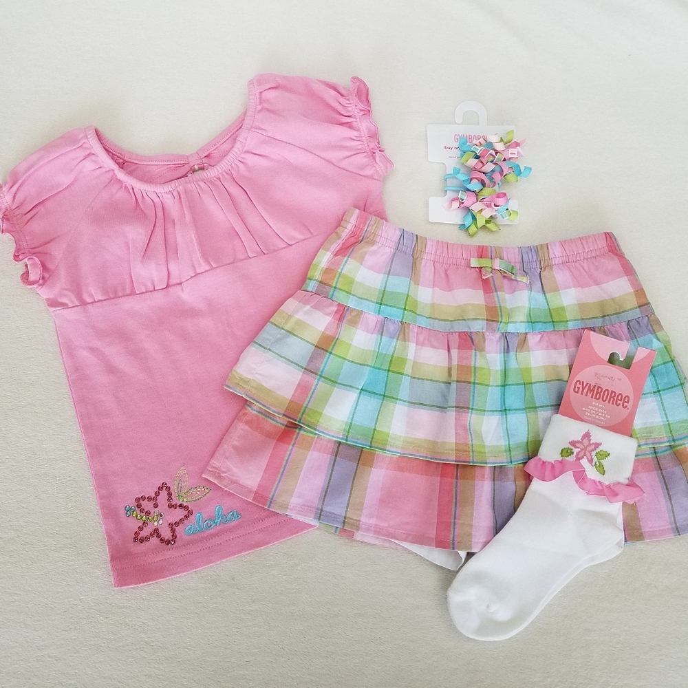 Gymboree Hibiscus tee Madras Skort Outfit NWT Sz 3